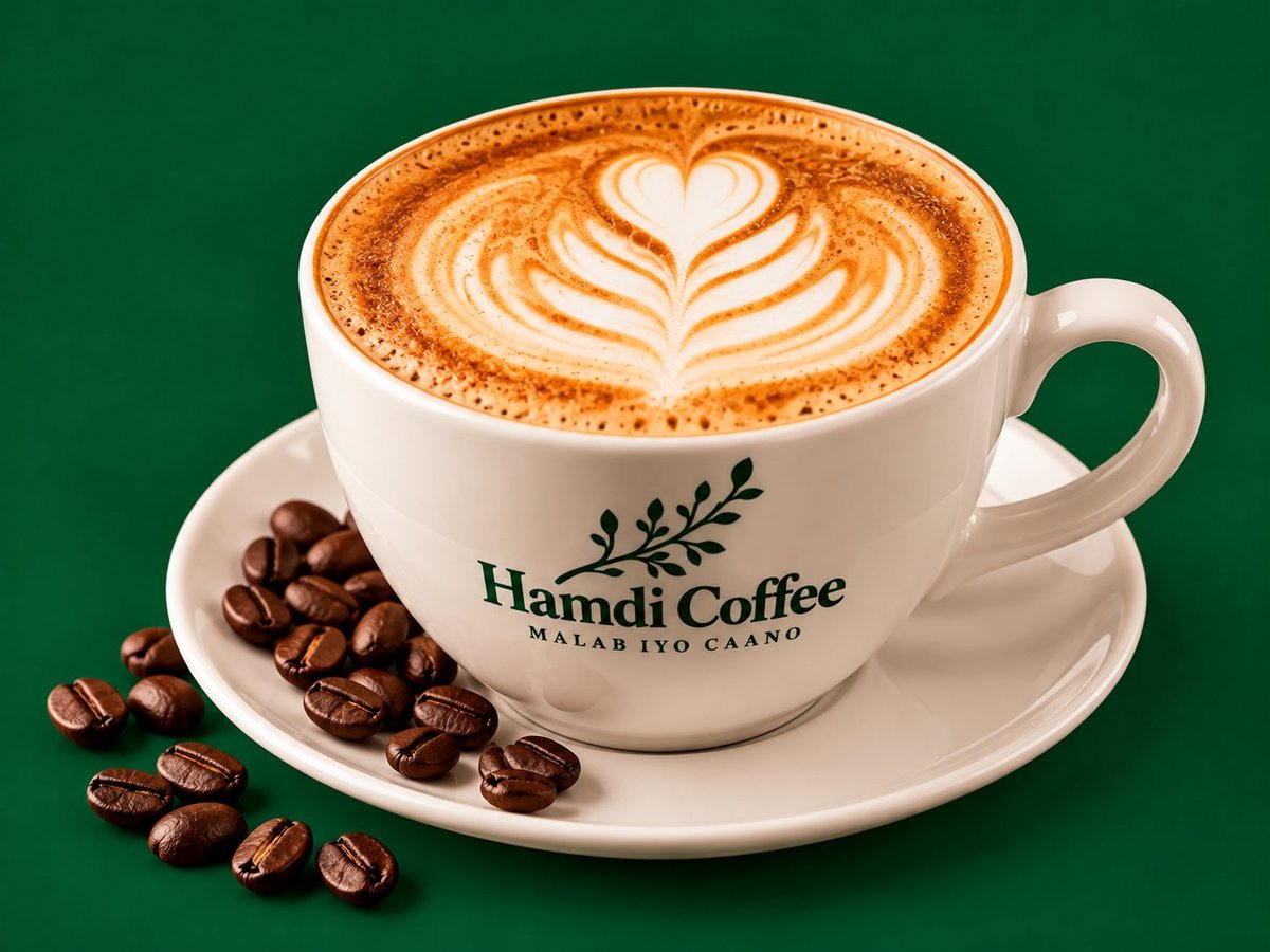 Classic Hot Cappuccino with latte art in a Hamdi Coffee branded ceramic cup.