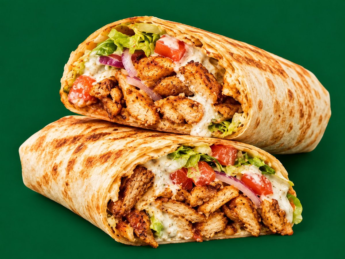 Chicken wrap cut in half with seasoned chicken and fresh vegetables against a green background.