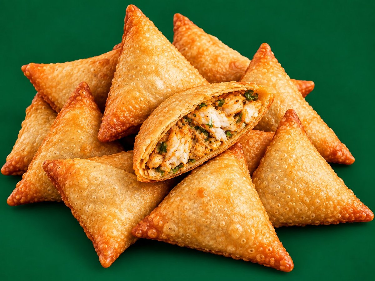 Golden crispy Somali fish sambusas with one cut open to reveal flaky fish filling.